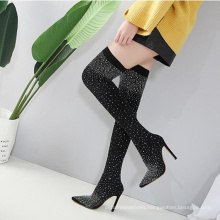 Size 43 hot sale pointed toe super high heel ladies fly knitting stretch with sparkles  over-the knee winter boots